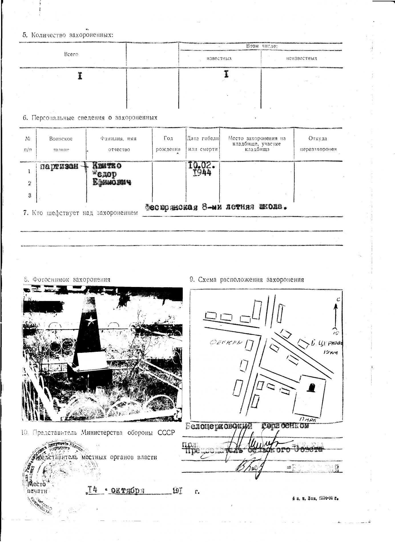 Могила парторга Федора Квитко в с. Фесюры