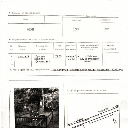 Могила рядового Николая Гришина в с. Кобыжча Бобровицкого района