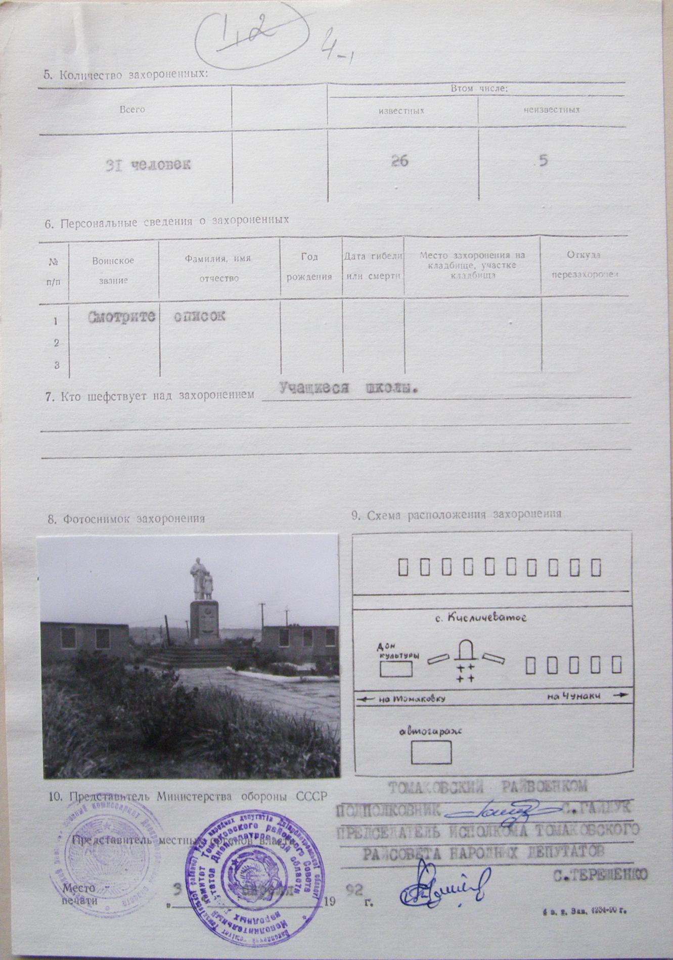 Паспорт захоронения в c. Кислечеватое Томаковского района