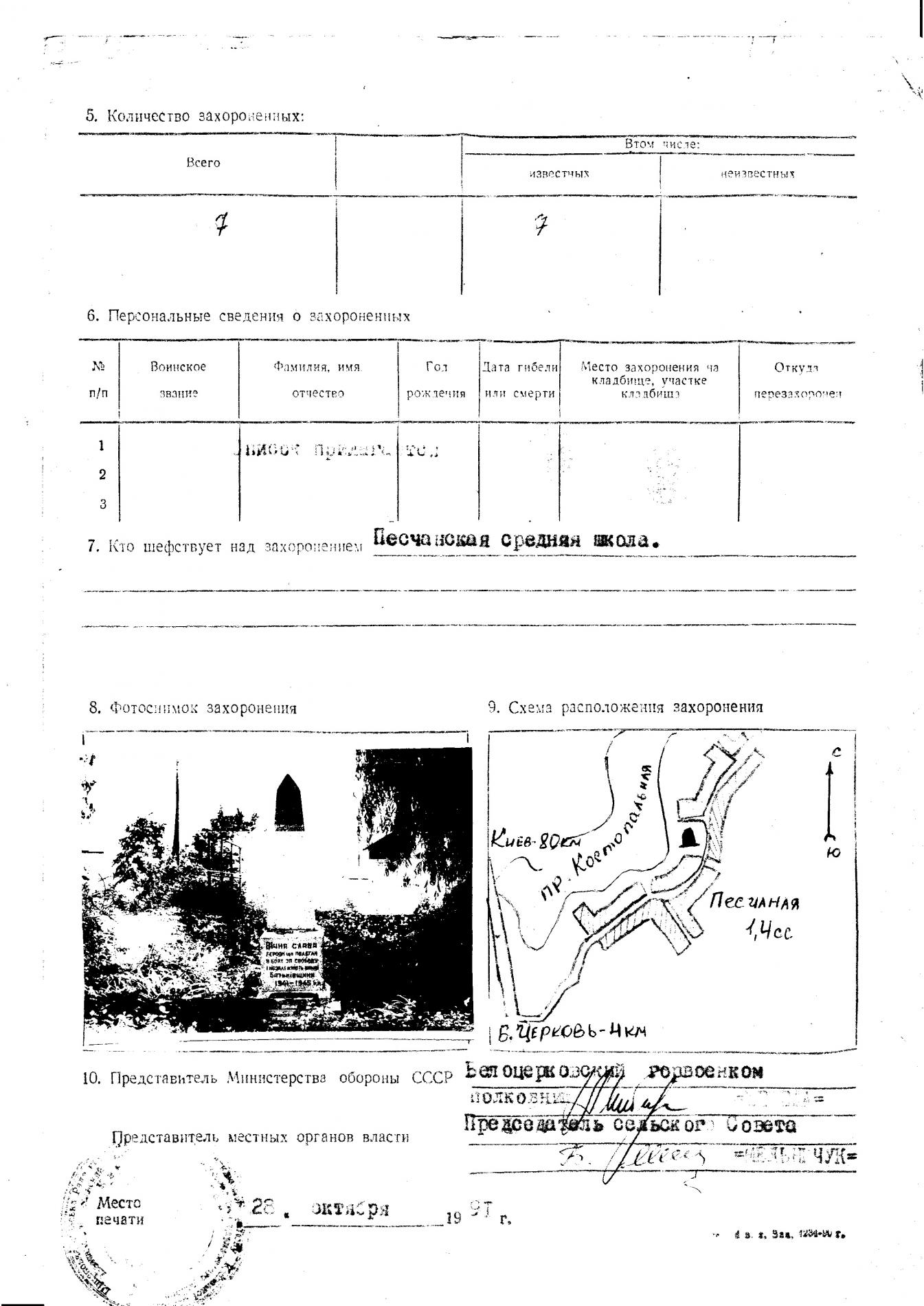 Братская могила в с. Песчаное Белоцерковского района