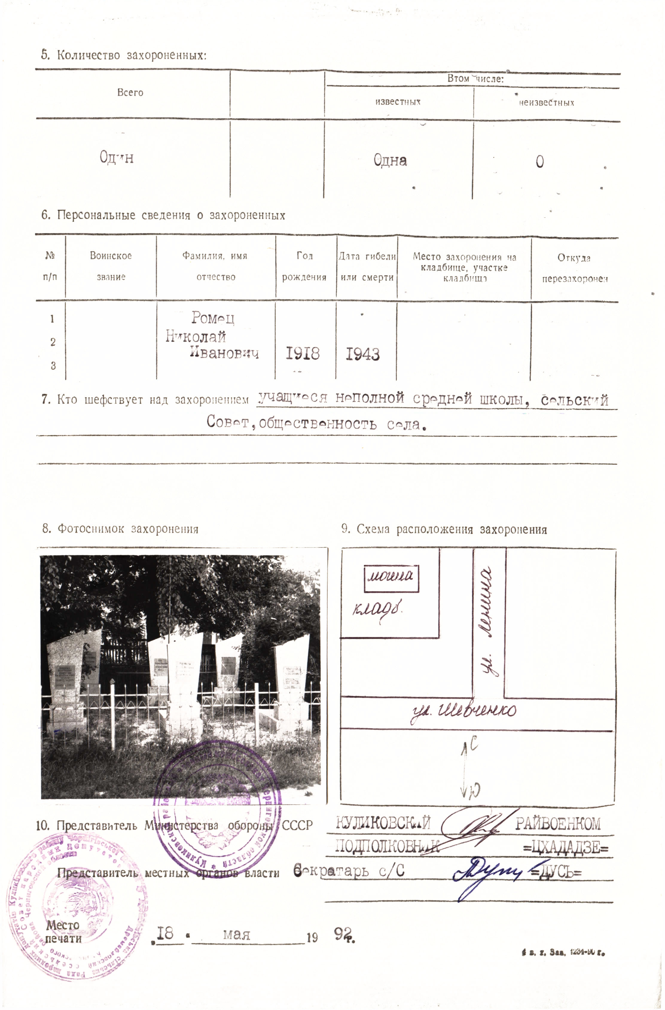 Могила Николая Ромец в с. Дремайловка Куликовского района