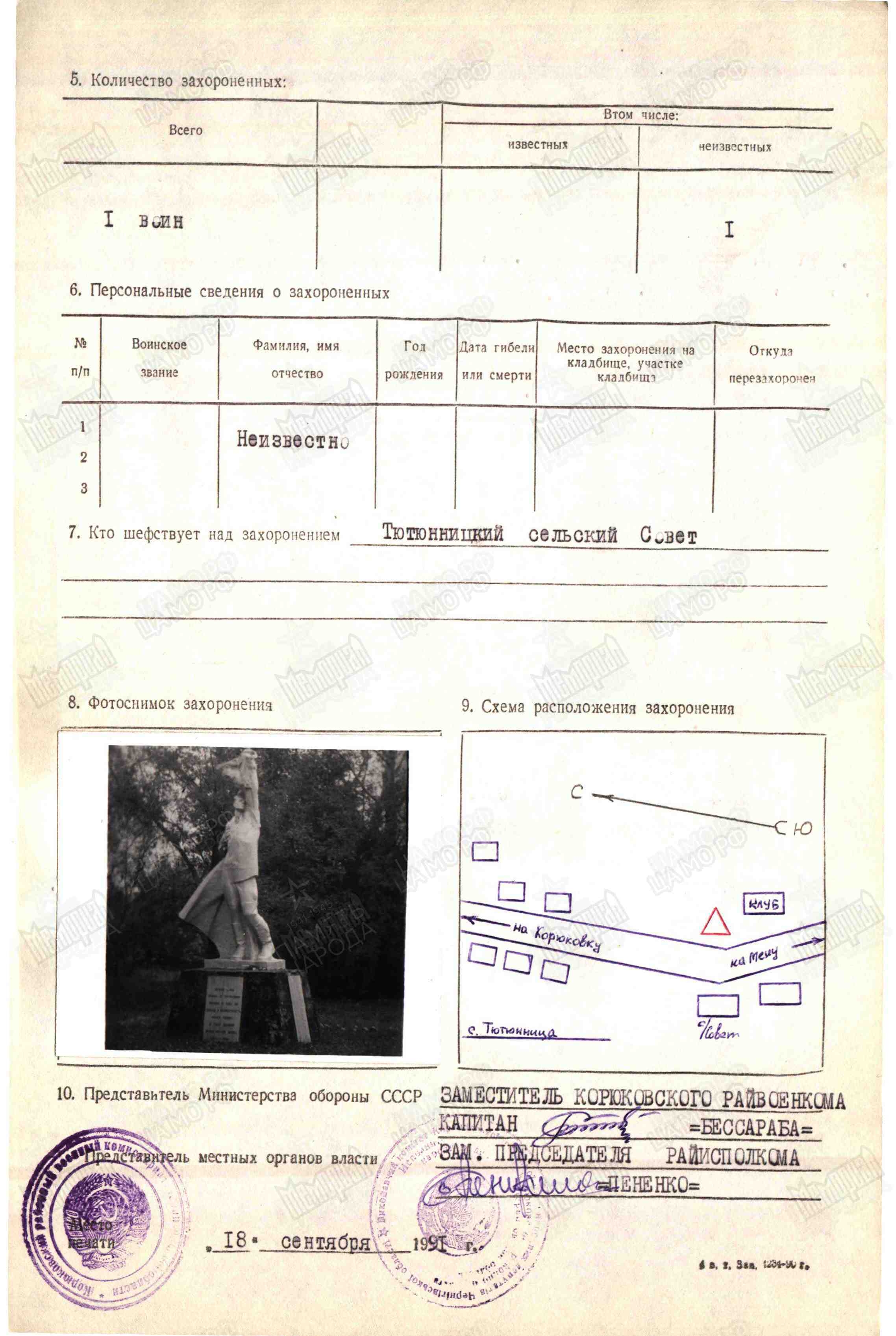 Одиночное захоронение в с. Тютюнница Корюковского района