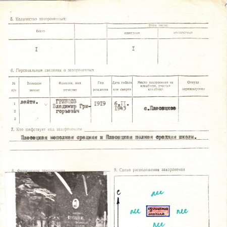 Одиночная могила лейтенанта Гревцова В. В. в с. Плесецкое Васильковского района 