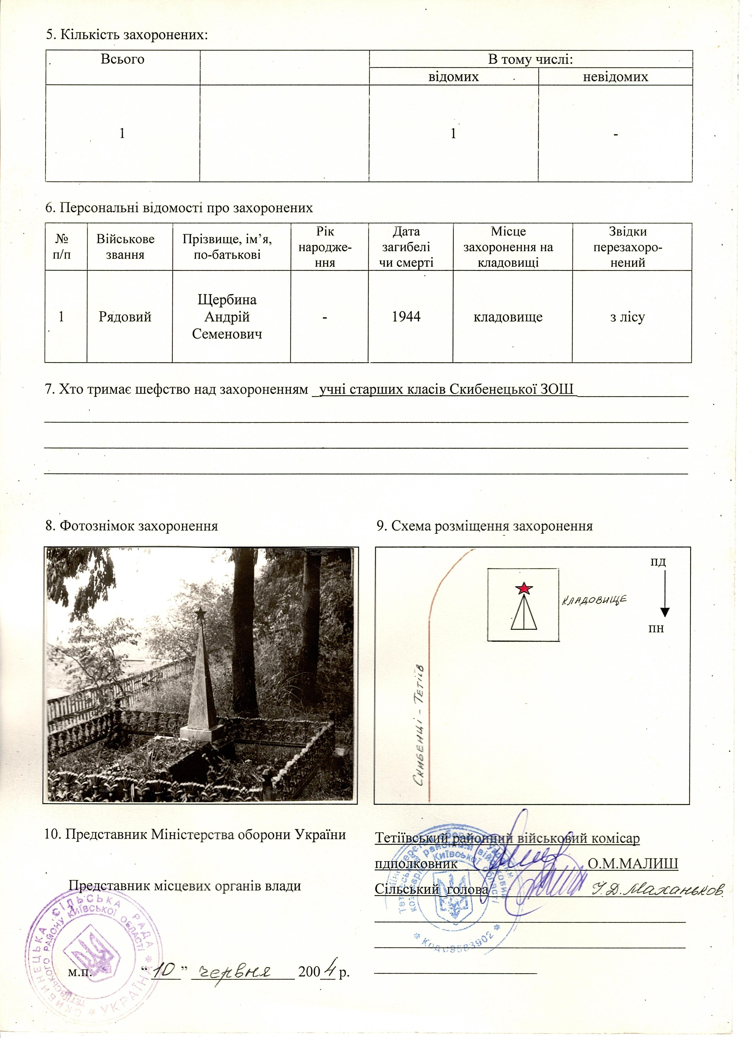 Могила рядового Щербина А. С. в с. Скибенцы Тетиевского района