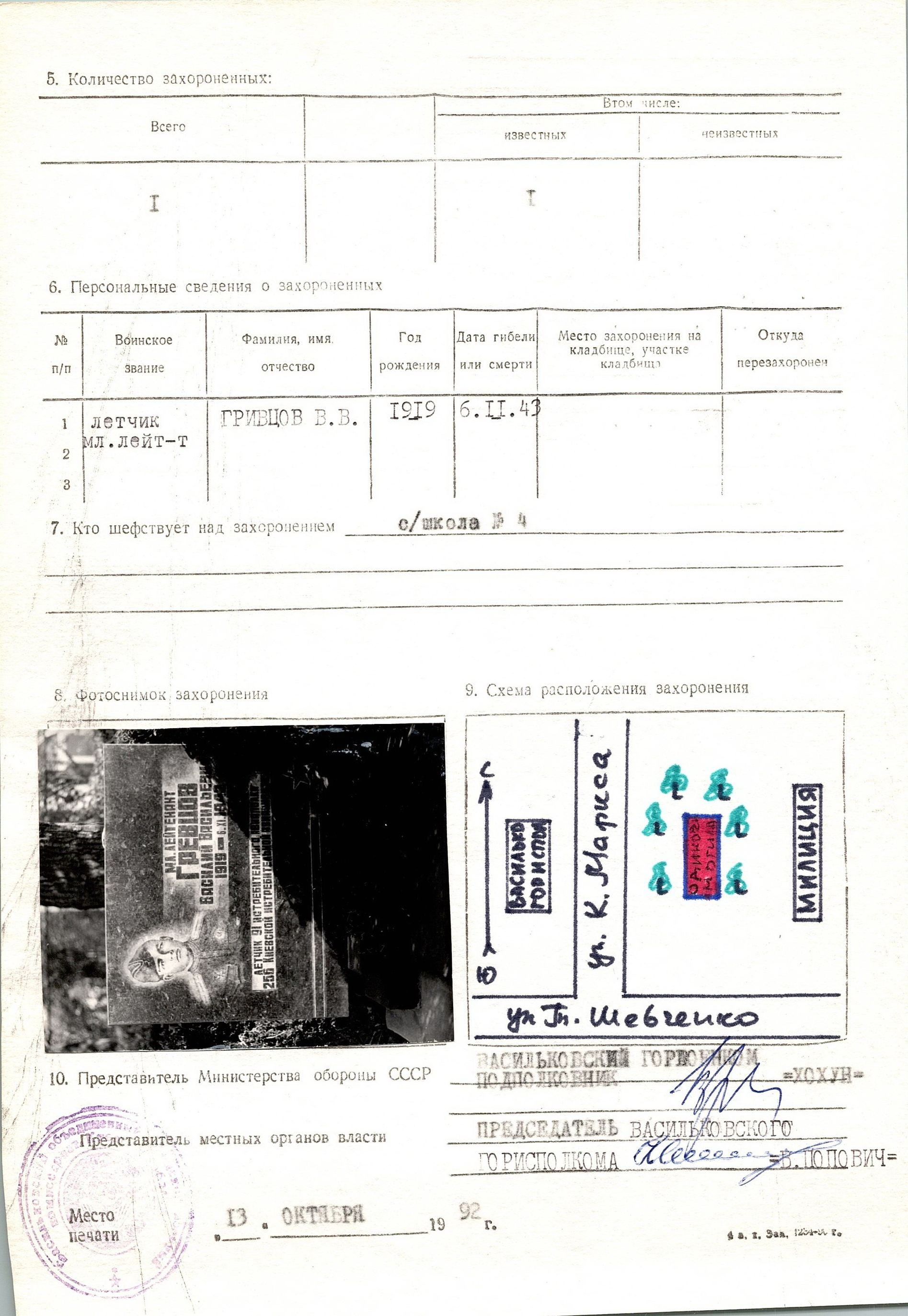 Могила мл. лейтенанта Гривцова В. В. в г. Васильков Васильковского района 