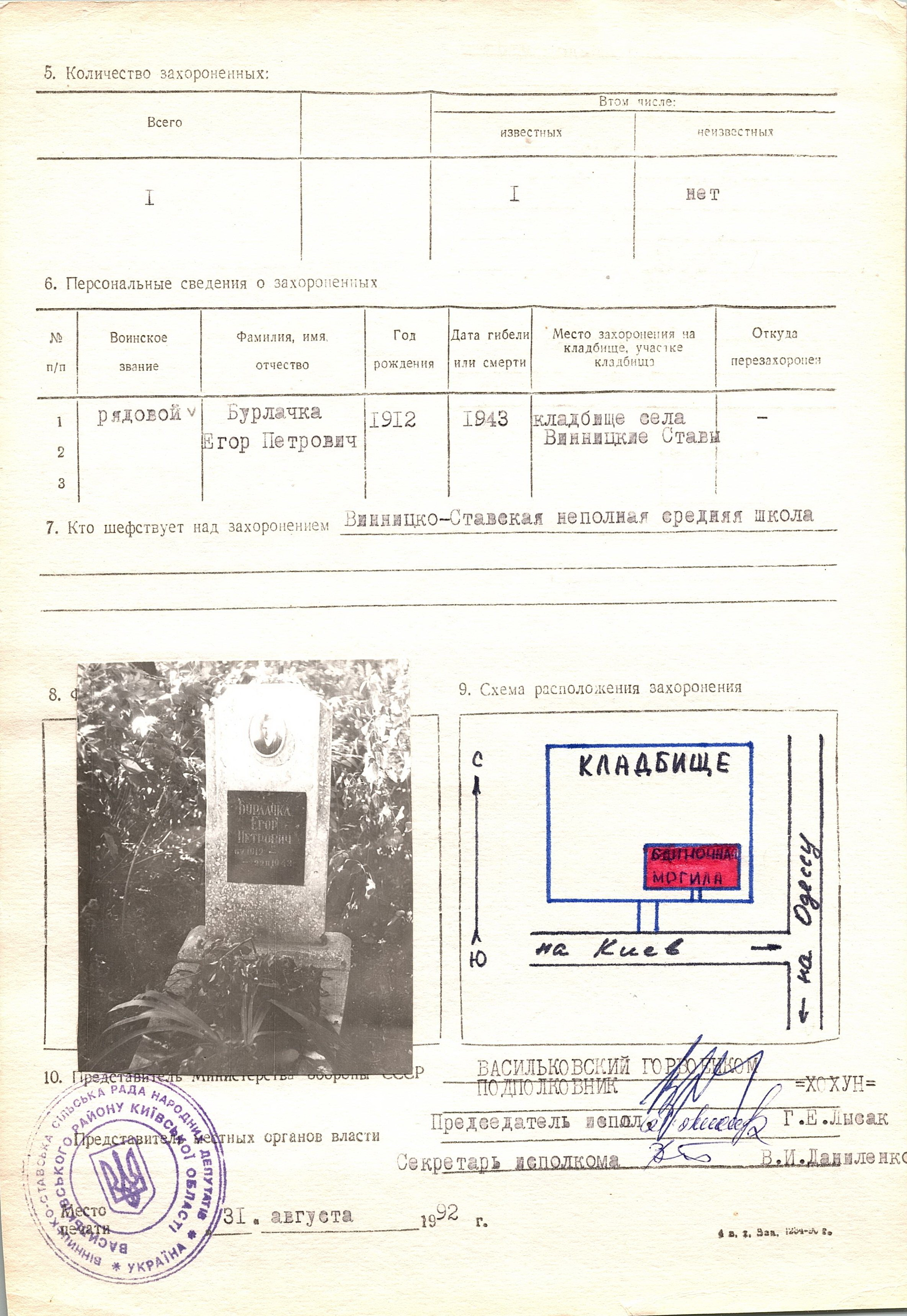 Могила рядового Бурлачка Е. П. в с. Винставы Васильковского района