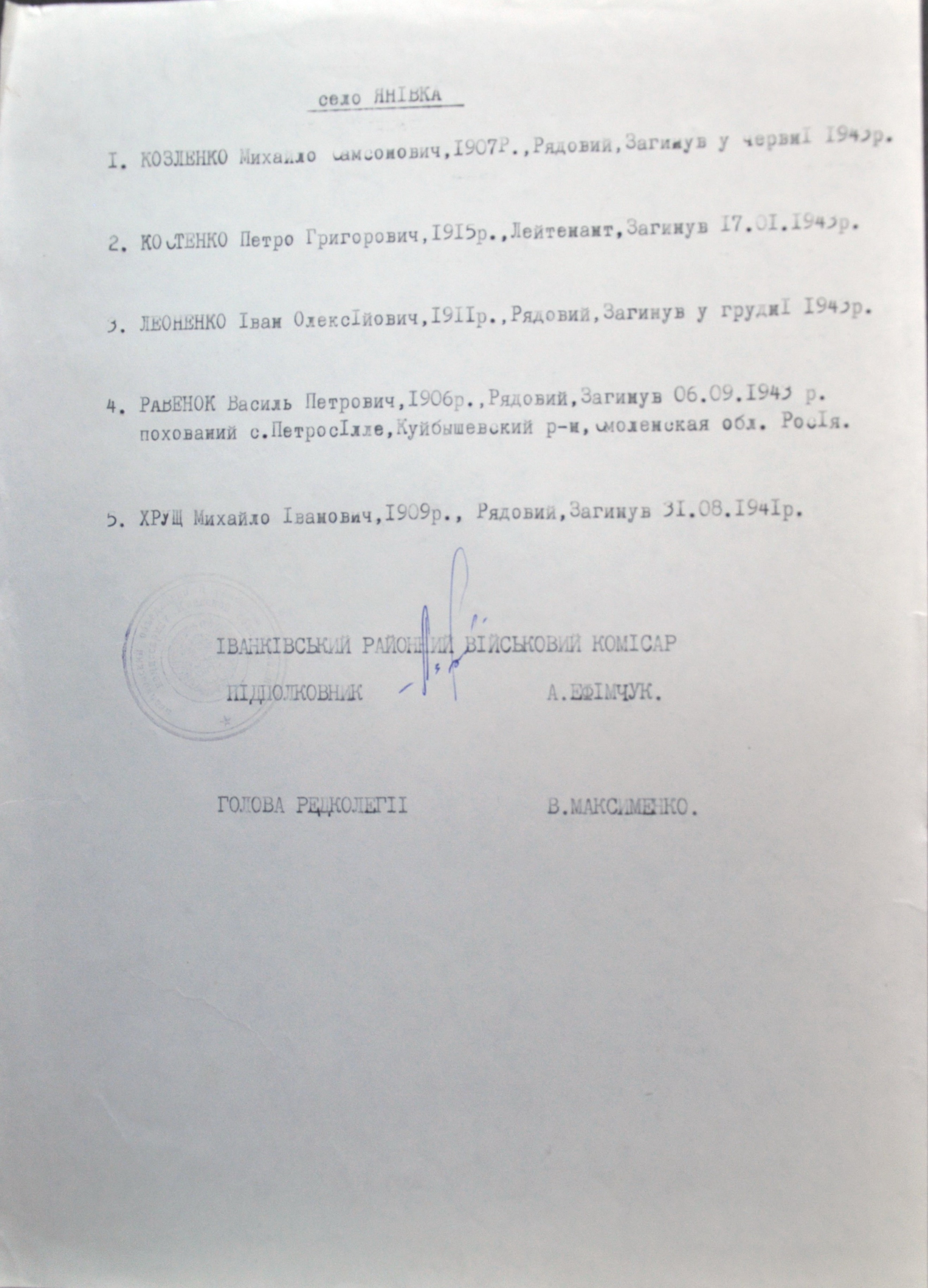 Список погибших в с. Яновка Иванковского района