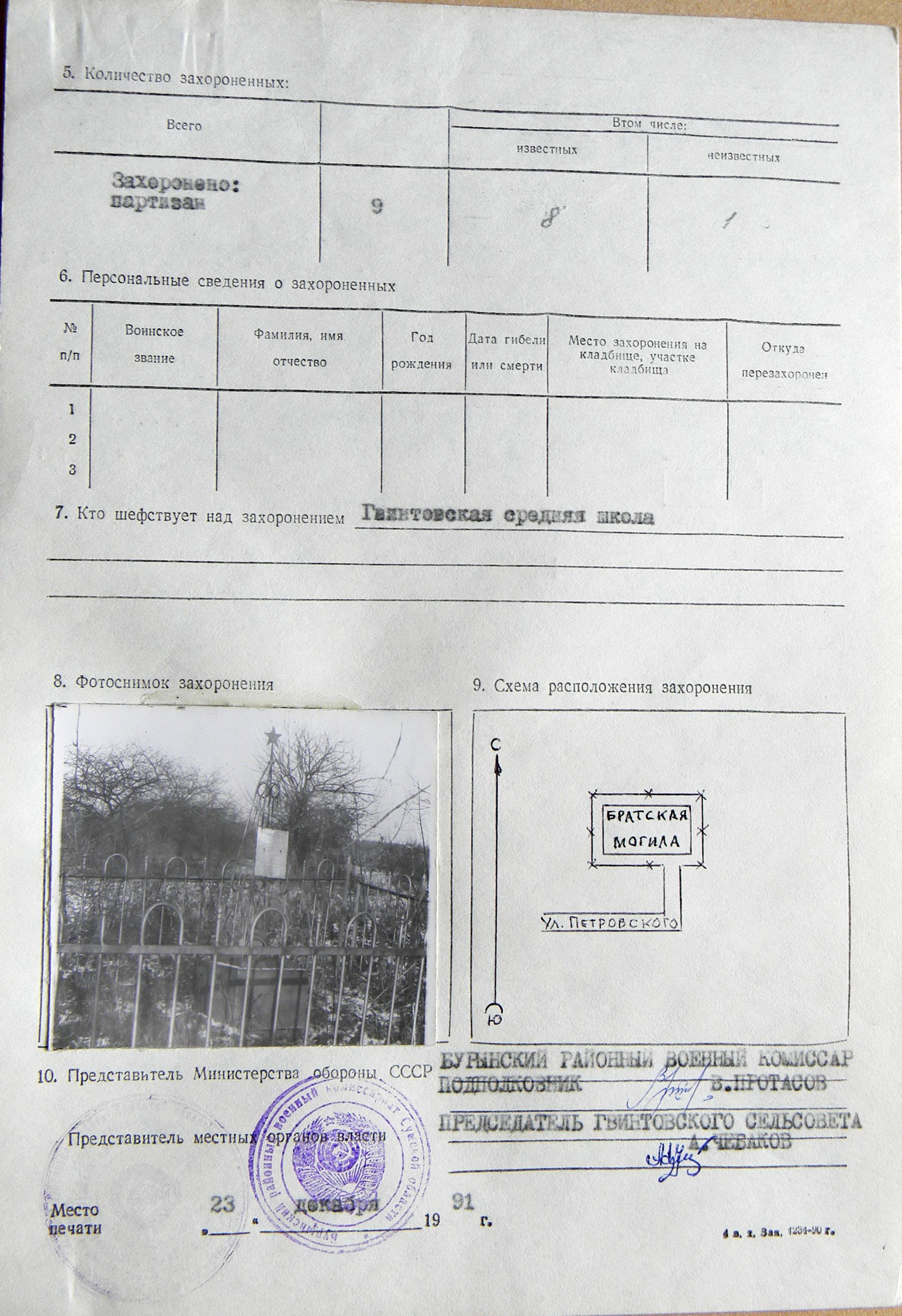 Братская могила в кодхозном саду в с. Гвинтовое