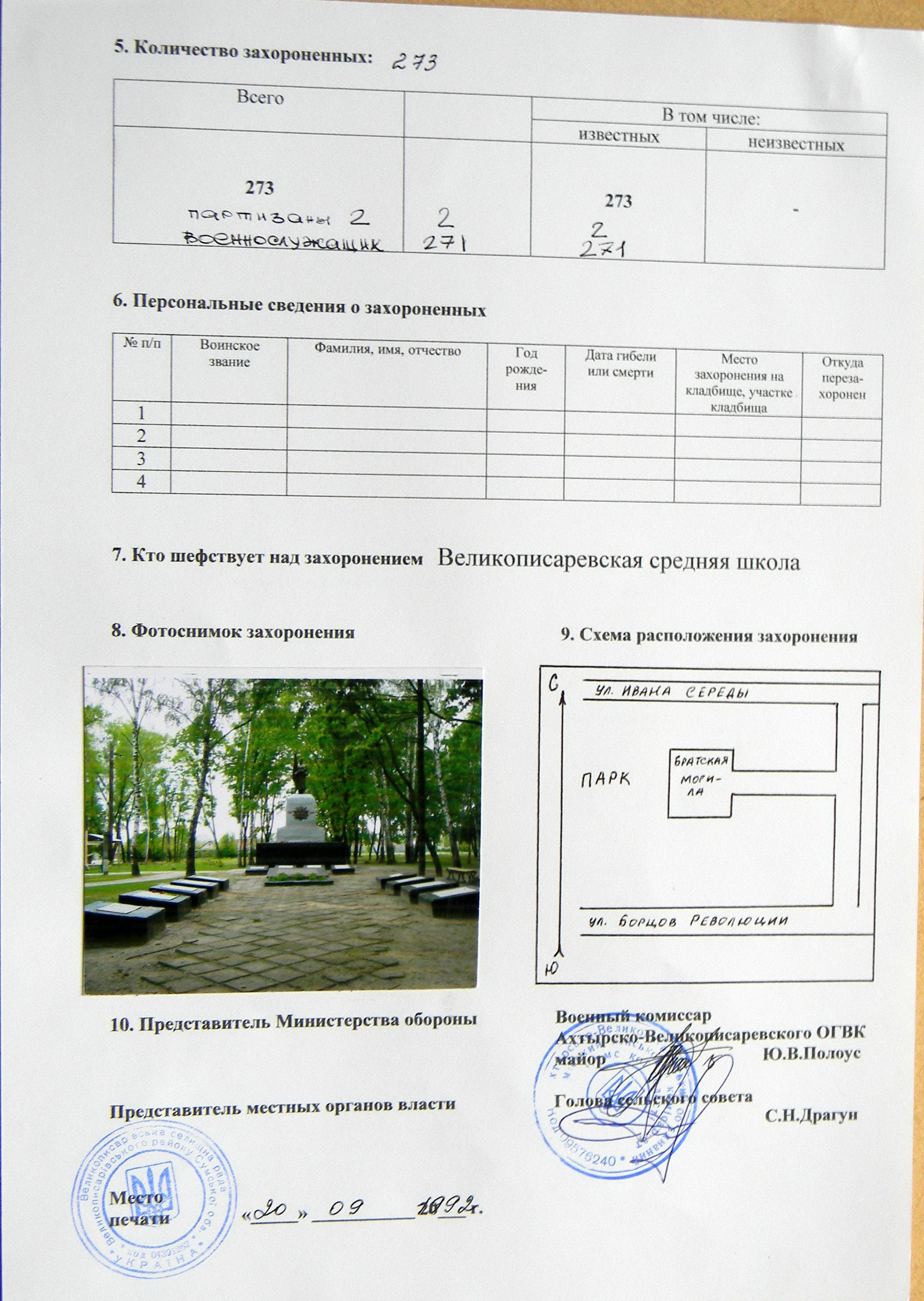 Братская могила в парке пгт Великая Писаревка