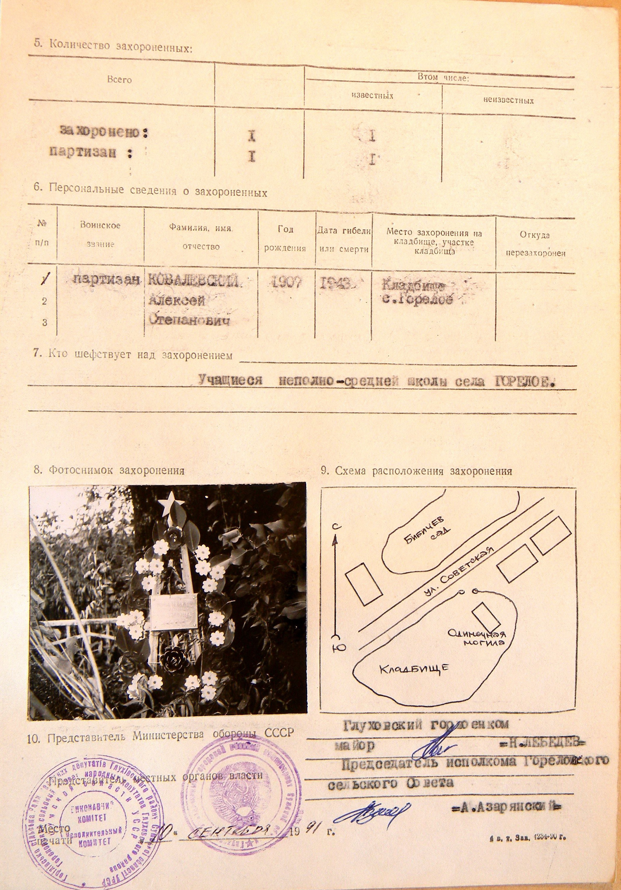 Могила партизана Ковалевского А. С. в с. Горелое