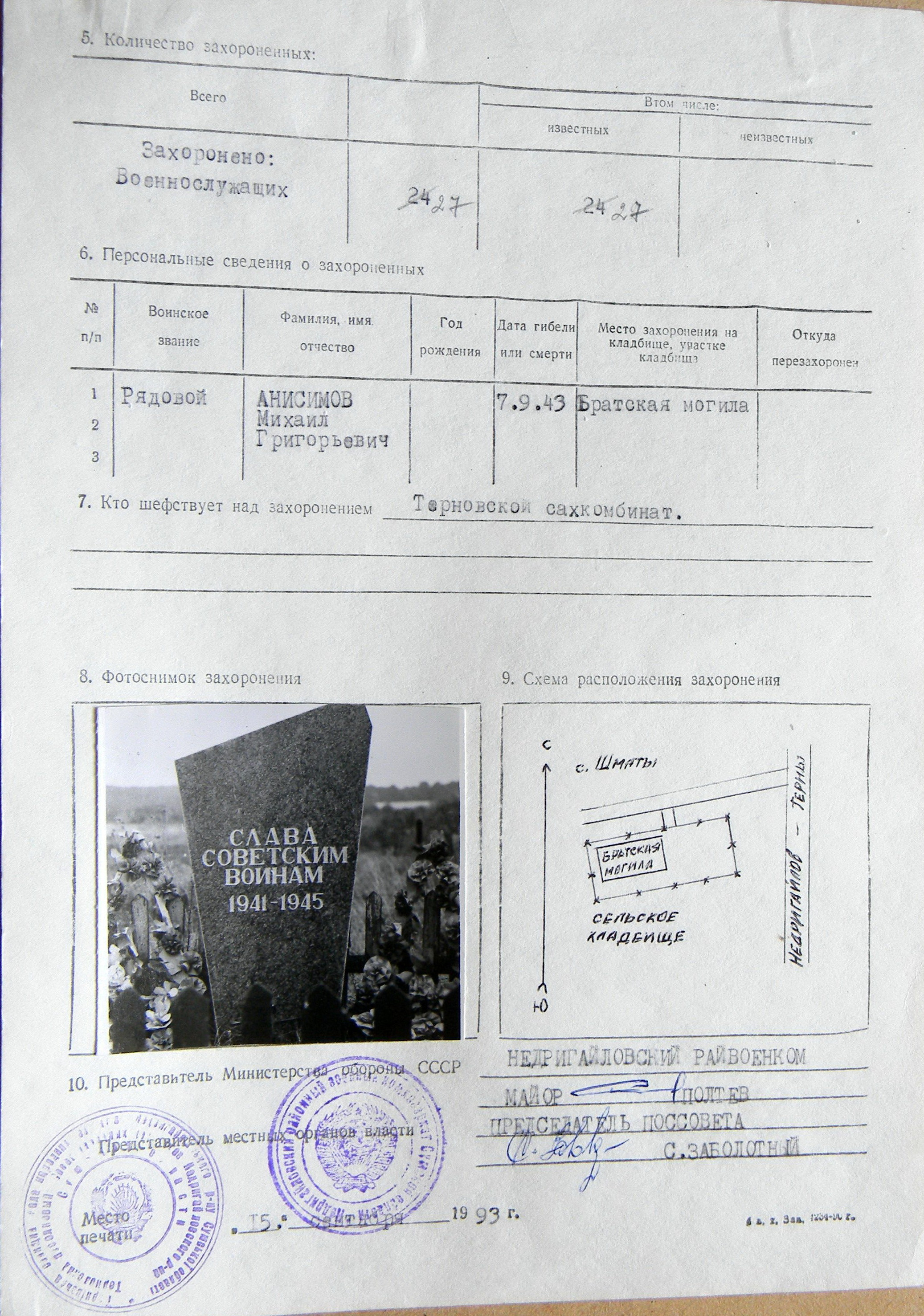 Братская могила на кладбище в с. Шматы