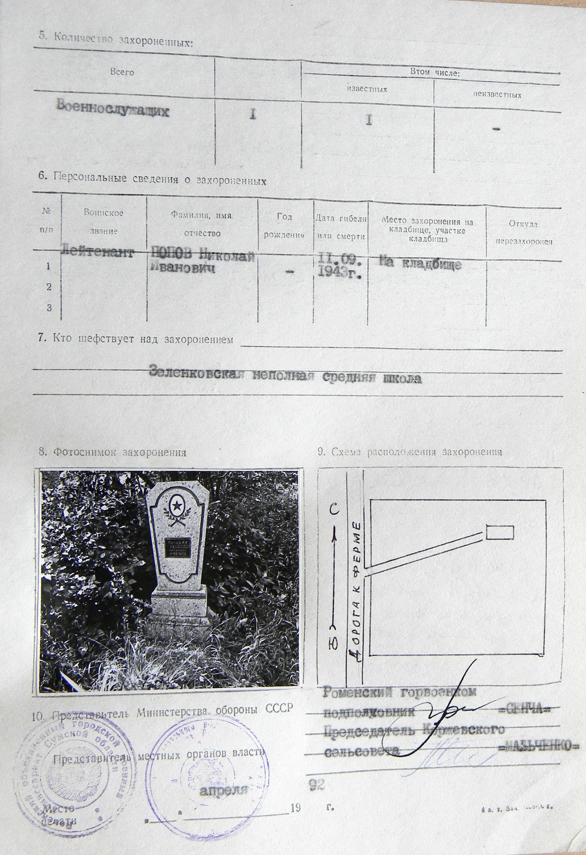 Могила лейтенанта Попова Н. И. в с. Зеленкивщина