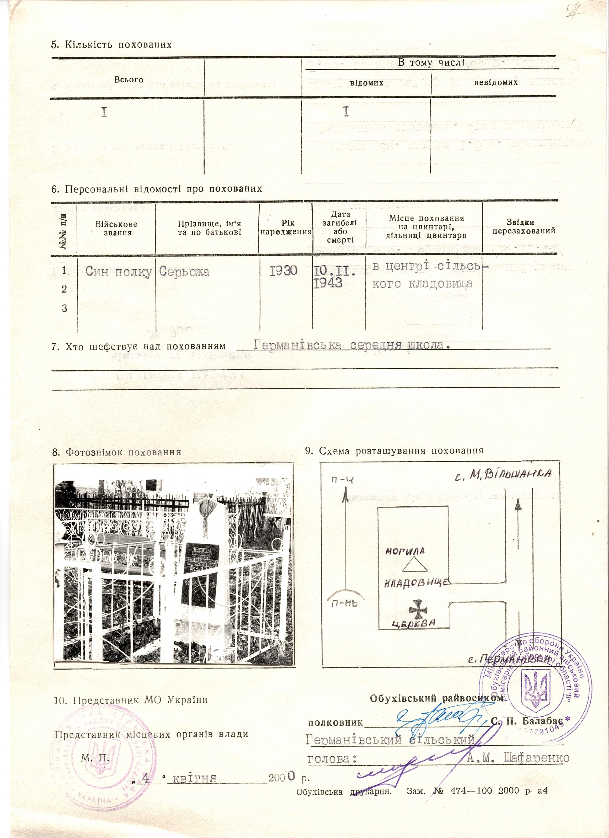 Одиночное захоронение на кладбище с. Германовка Обуховского района