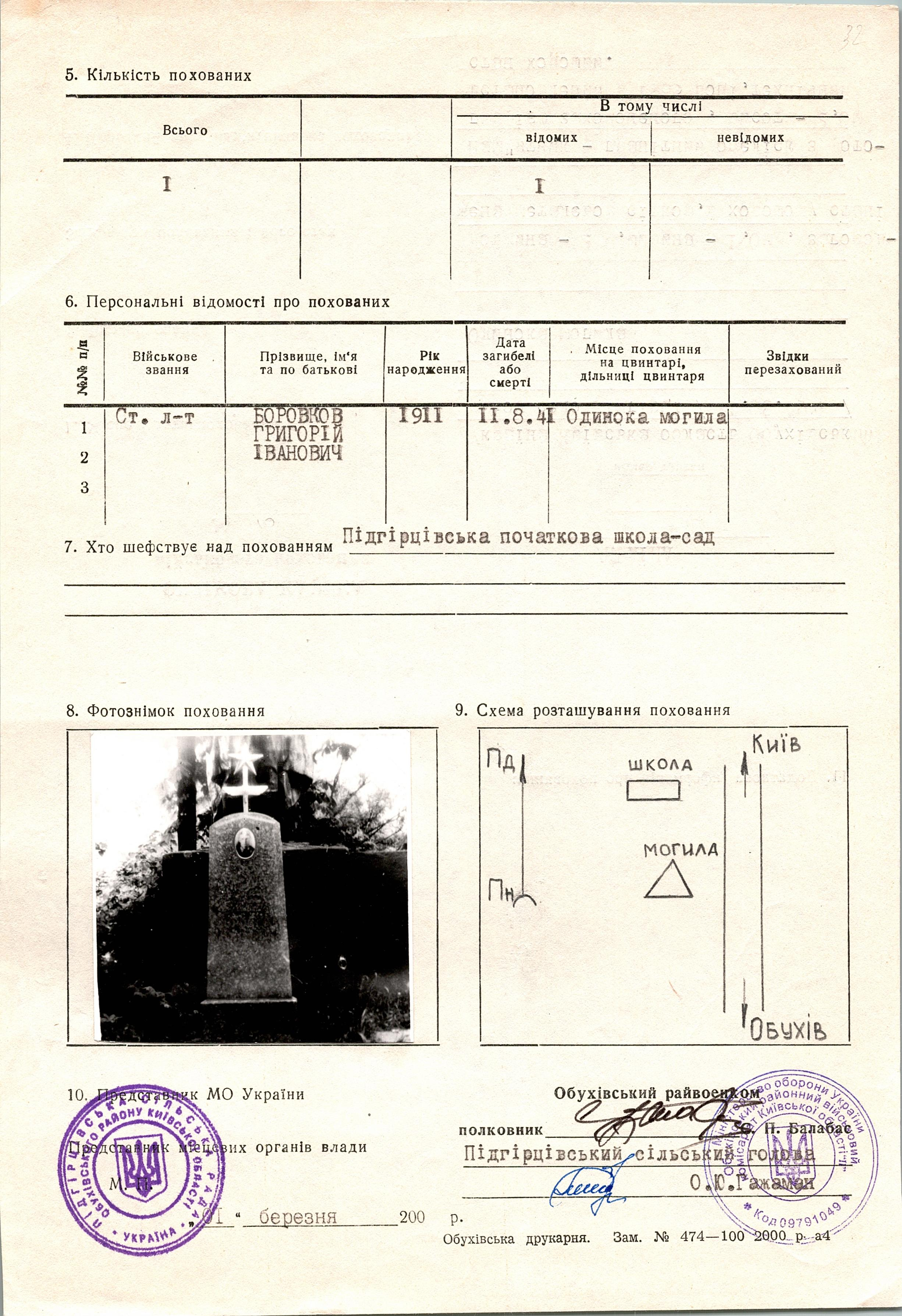 Могила ст. лейтенанта Боровкова Г. И. в с. Подгорцы
